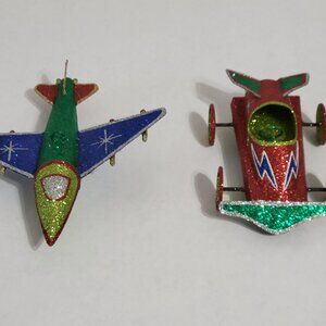 Pier 1 Colorful Glitter Ornaments Lot - Airplane and Racecar